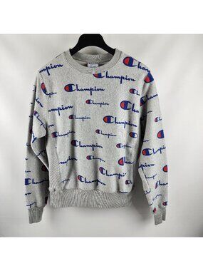Champion Hoodie Mens Medium Multi Reverse Weave VTG Sweatshirt All Over Logo